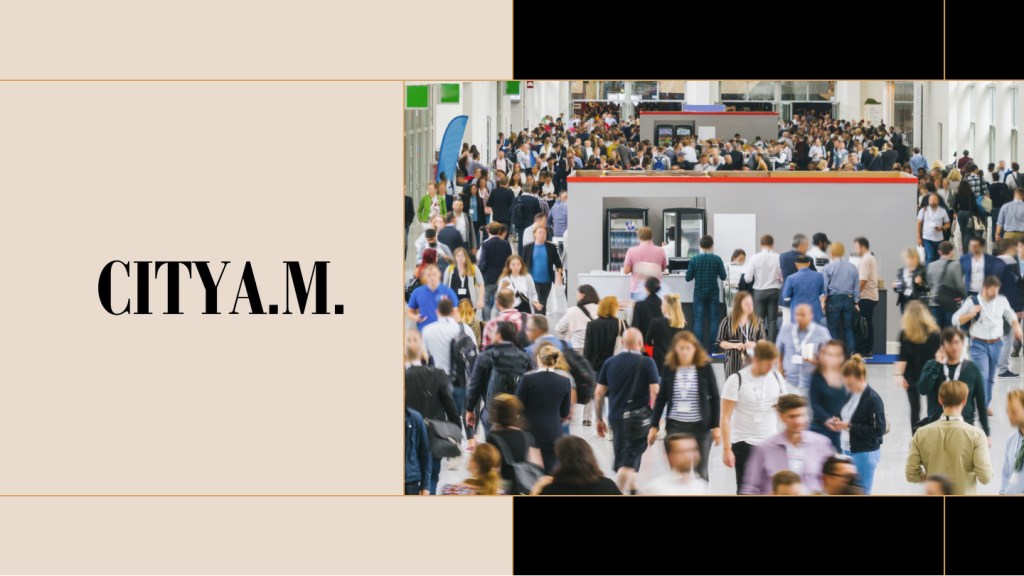 Large crowd at a bustling media industry event or conference, representing City A.M.'s reach and engagement. The City A.M. logo appears on the left over a beige background, emphasizing its identity as a leading digital news publisher. Case study visual for WordPress VIP.