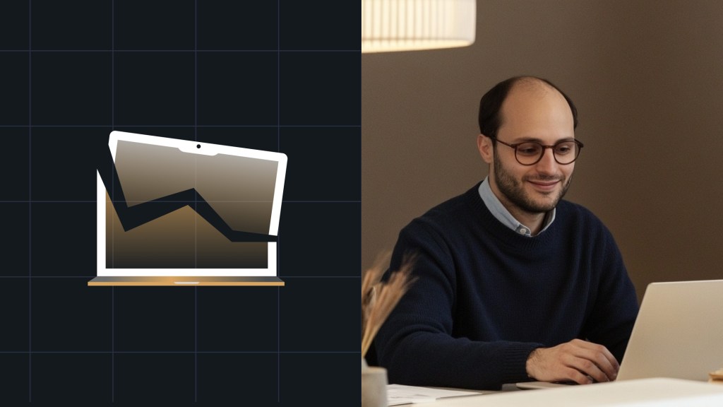 Split image showing a stylized illustration of a declining graph on a laptop screen (left) and a man wearing glasses and a navy sweater smiling while working on a laptop in a warmly lit room (right).