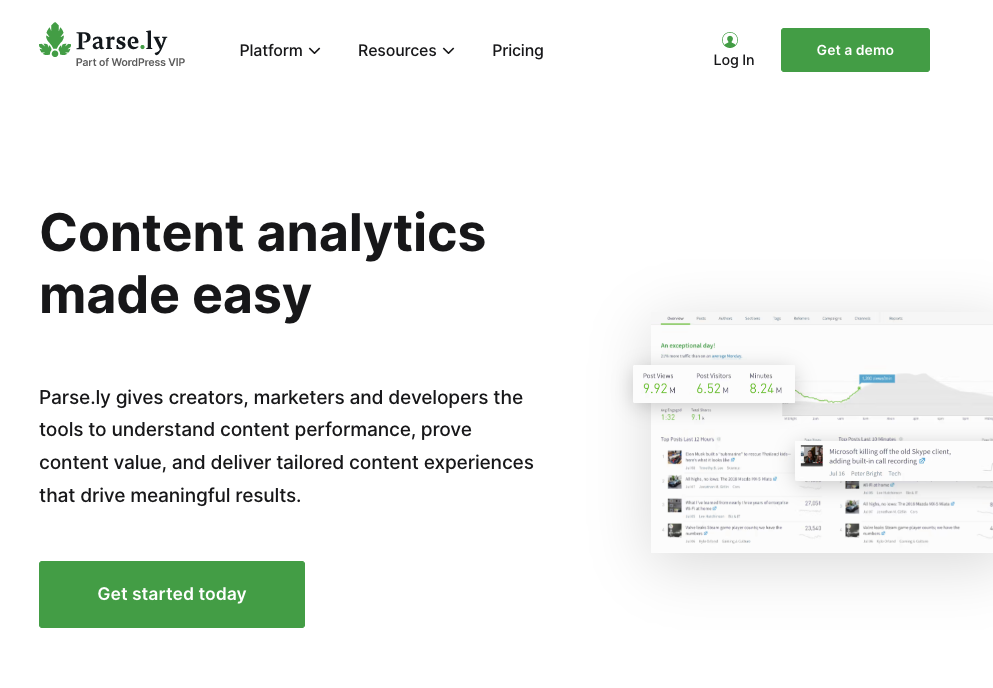 The Parse.ly home page, titled "Content analytics made easy"