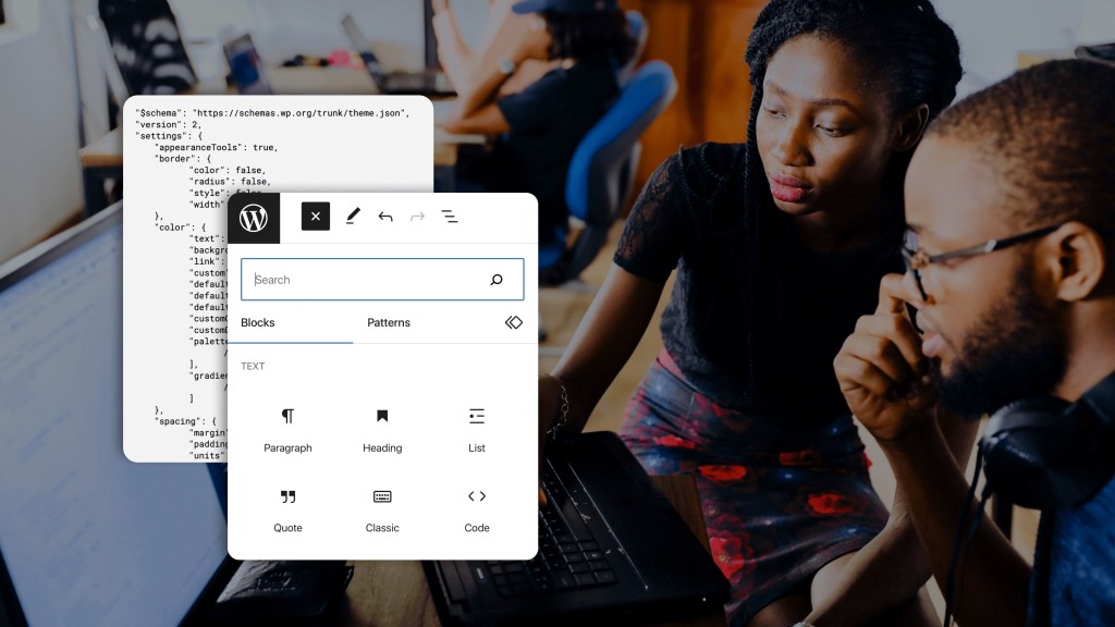 Two people looking at a computer, with theme.json and the WordPress block editor overlaid
