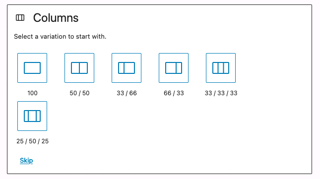 An image that shows all of the options you can select in the 'columns block' section