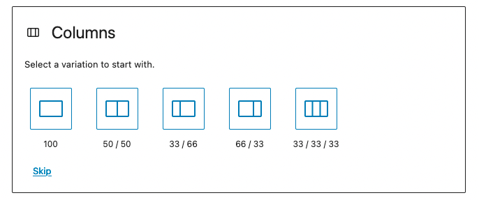 An image showing a the column block interface, but with fewer variations after presets are removed 