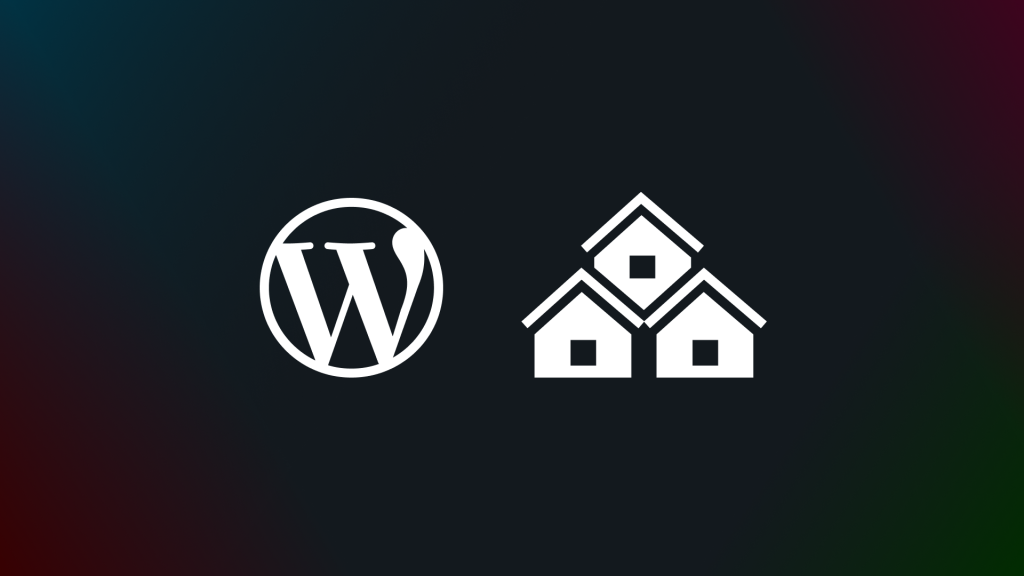 The WordPress logo next to a graphic of three houses which symbolizes multisite management capabilities