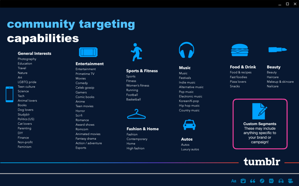 A graphic which shows categories and their corresponding lists that show what customer segments can be targeted