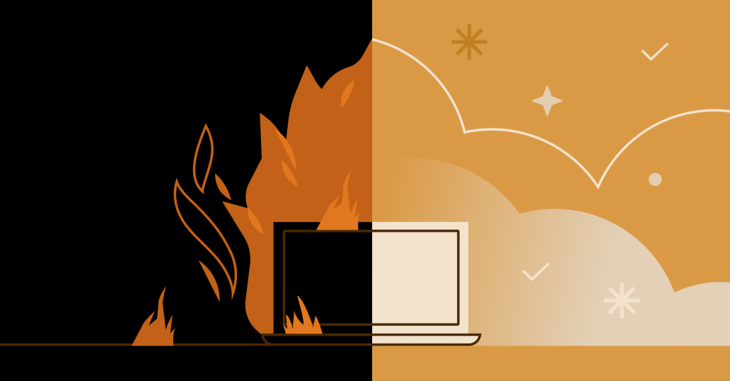 A laptop on fire on one side, contrasting with a well-functioning laptop on the other, under a cloudy sky.