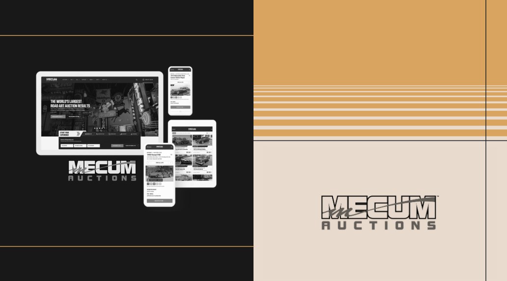 Mecum Auctions digital platform displayed on multiple devices, including desktop, tablet, and mobile, with the Mecum Auctions logo and stylized graphic background in black, beige, and gold tones.