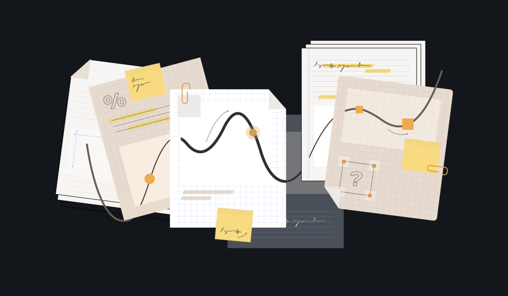 Scattered papers showing an upward trend graph.