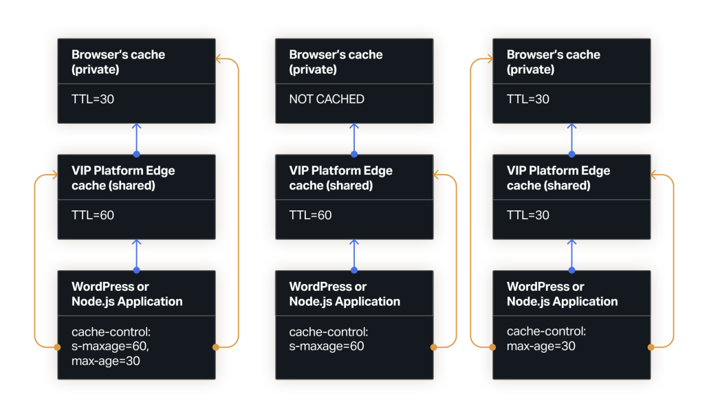 Diagram showing the effect of s-maxage and max-age directives on TTL in private and shared caches.