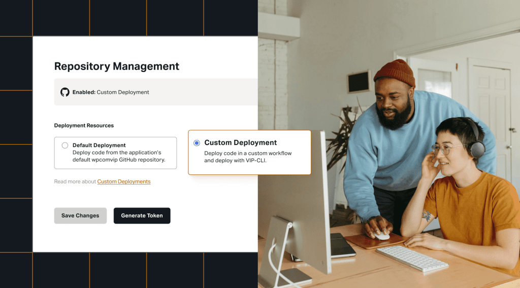 Repository Management settings, showing a choice between default deployment and custom deployment.