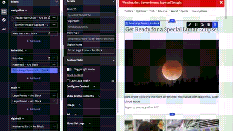 Arc XP’s contextual editing page showing how website editors can make changes to story headlines and titles directly in the page editing interface.