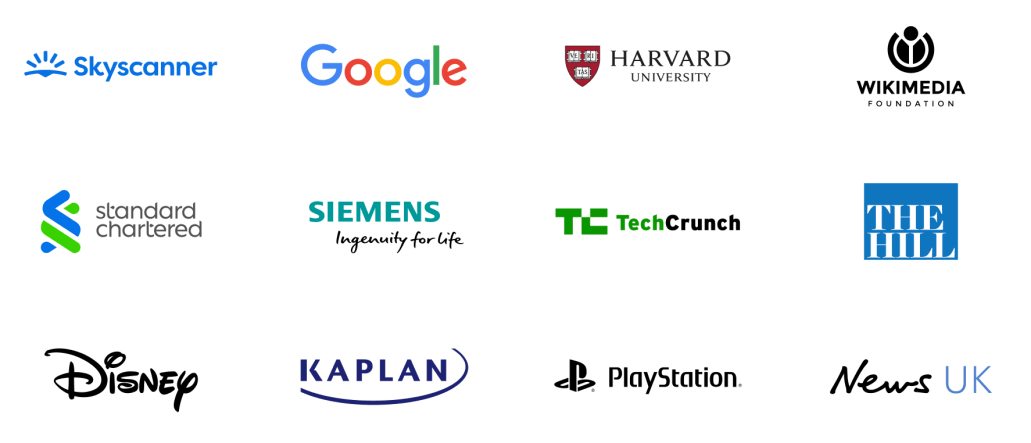 Logos of clients Human Made has worked with, including Skyscanner, Google, Harvard University, Wikimedia, and more.