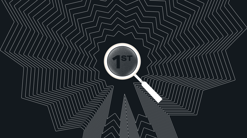A magnifying glass highlights a "1ST" symbol within a golden award ribbon, surrounded by a dynamic geometric pattern of concentric lines.