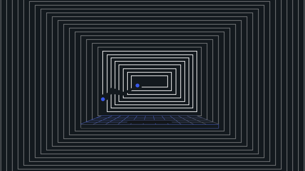 Illustration of a digital maze with blue dots navigating through a grid-lined laptop screen, symbolizing public sector modernization and overcoming due diligence challenges.