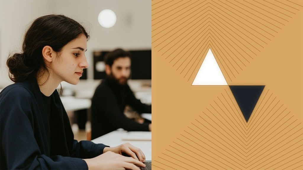 A person working at a desk in an office setting, typing on a laptop, with a blurred background of a second person. On the right, a geometric design with a triangle pointing up and a triangle pointing down, radiating lines from the center in contrasting colors.