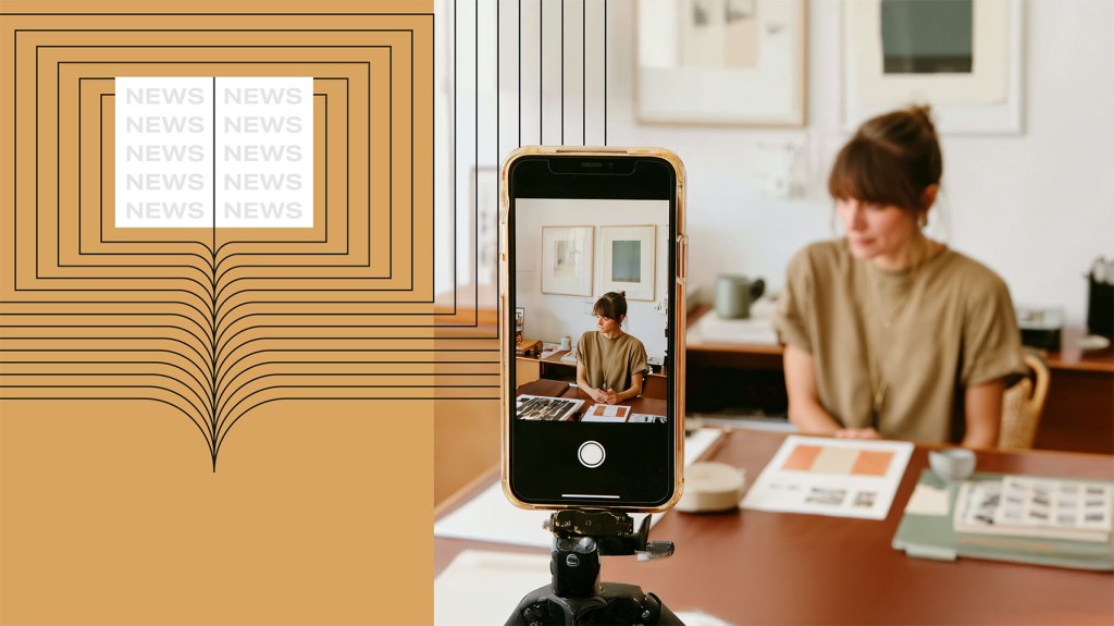 Content creator recording a video in a modern workspace, surrounded by news materials and a graphic illustration of news distribution, representing digital publishing and media strategy.