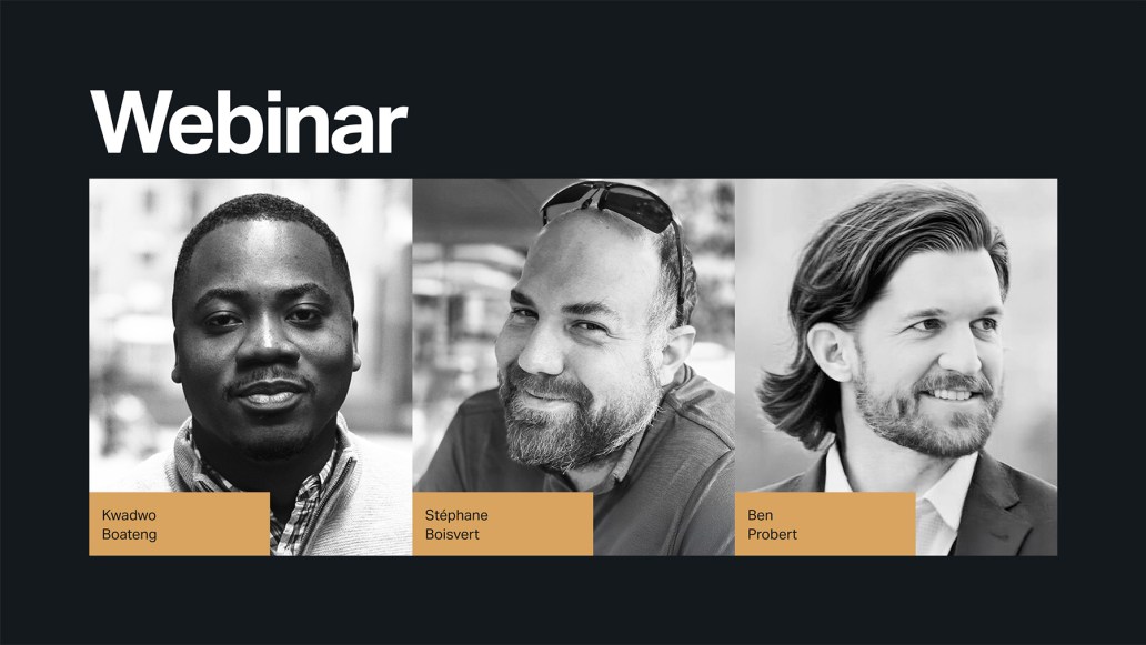 Headshots of three speakers featured in the webinar: Kwadwo Boateng, Stéphane Boisvert, and Ben Probert.