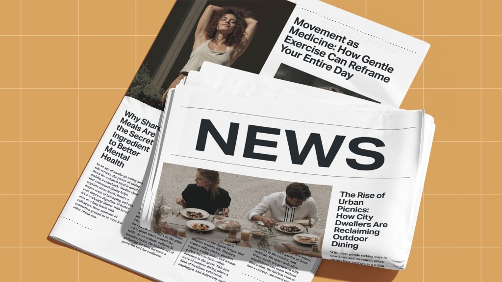 Stack of lifestyle newspapers with headlines on mental health, gentle exercise, and urban picnics.