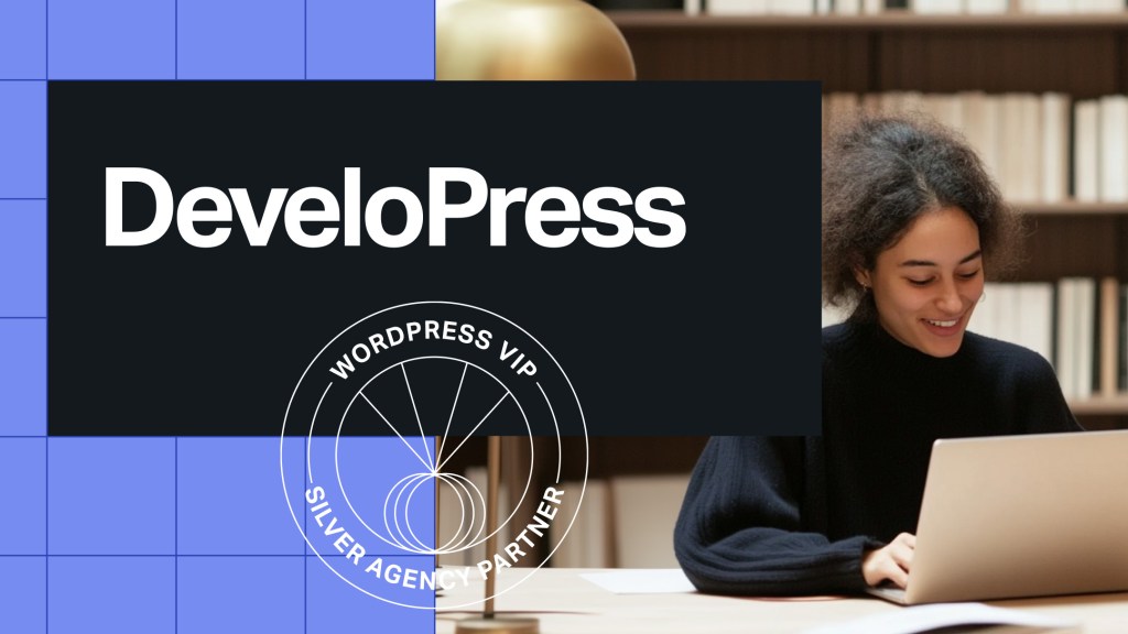 A woman smiling while working on a laptop in a cozy, book-filled office space. The image features the Developress logo alongside the WordPress VIP Silver Agency Partner badge, set against a grid-style blue and black background.