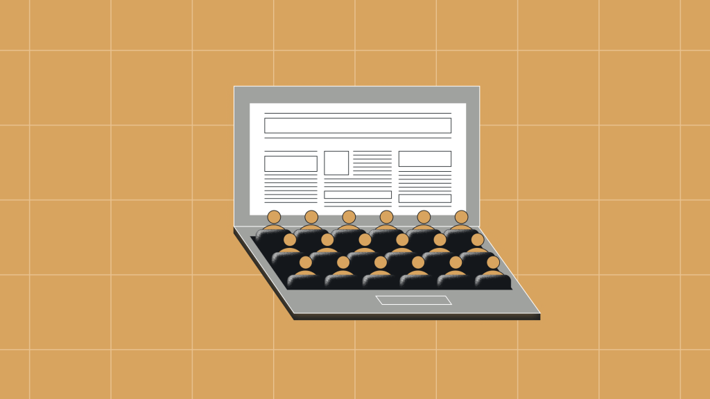 Illustration of a laptop with a webpage displayed on its screen and rows of stylized audience figures seated on the keyboard, representing a digital audience engaging with online content. The background features a warm-toned grid pattern.