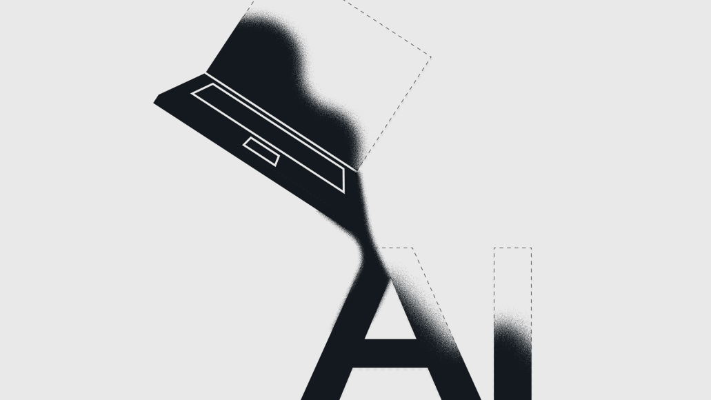 Stylized illustration of a laptop dissolving into the letters 'AI', symbolizing the fusion of technology and artificial intelligence in digital content creation.