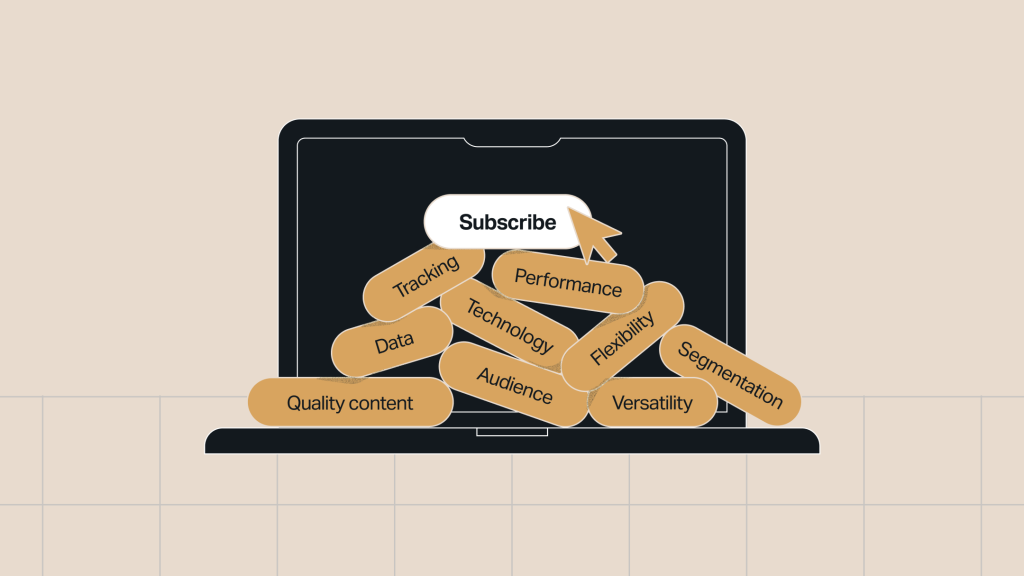 Illustration of a laptop with a large white "Subscribe" button on the screen, surrounded by overlapping tan pill-shaped tags with words like "Audience," "Data," "Quality content," "Behaviors," and "Fast website," symbolizing the elements that contribute to digital subscription success. A large cursor hovers over the subscribe button.