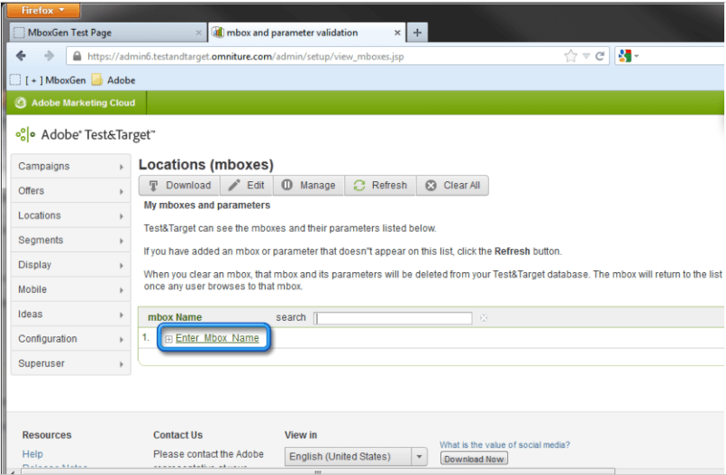 Adobe Target Dashboard showing mbox management interface for A/B testing and personalization.