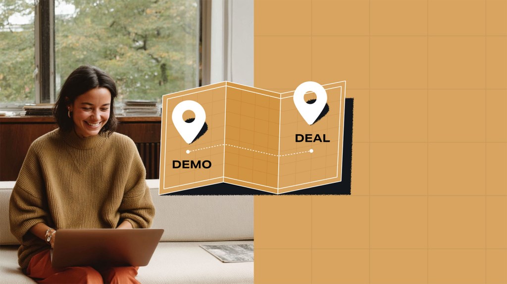 A smiling woman sits on a couch using a laptop, positioned on the left side of the image. On the right, a tan-colored illustration shows a folded map marked with two pins labeled “DEMO” and “DEAL,” connected by a dotted line—symbolizing the journey from product demo to closed deal. The background is a grid-style pattern in a warm beige tone.