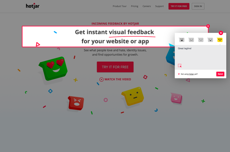 Hotjar promotional screen offering free trial, with tagline 'Get instant visual feedback for your website or app'.