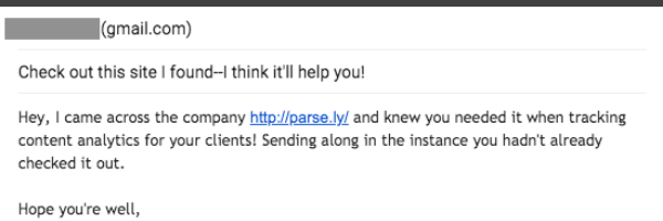 An email example of dark social traffic: A Gmail message reads, 'Check out this site I found—I think it'll help you!' with a private link to parse.ly (no referral source), illustrating how shared links in private conversations appear as direct traffic in analytics.