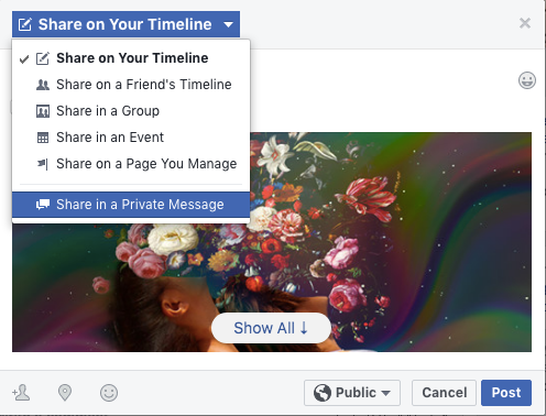 Facebook share menu showing 'Private Message' option at the bottom.
