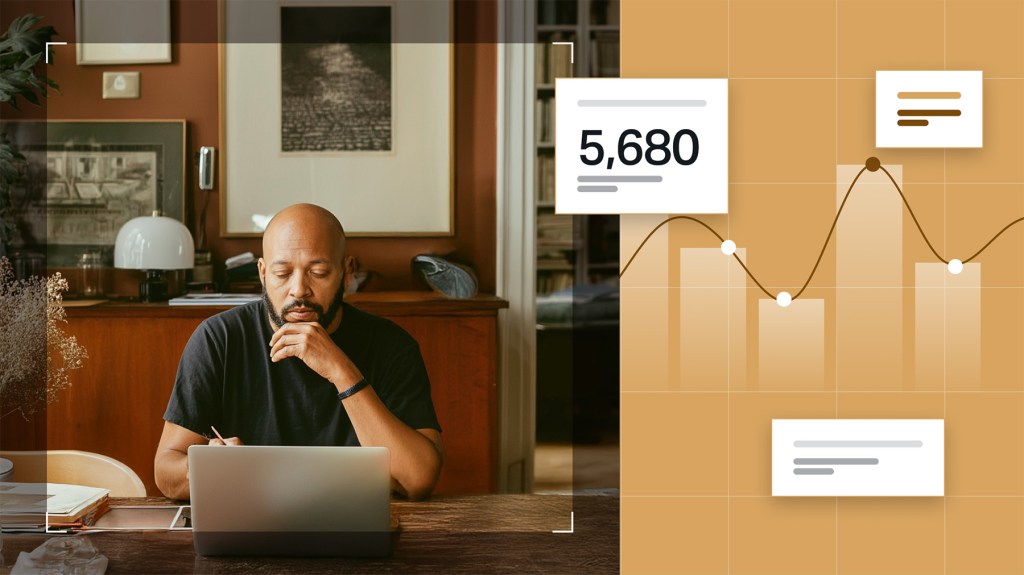 Man reviewing website performance data on a laptop, with overlaid charts and a 5,680 pageviews metric illustrating web analytics insights.