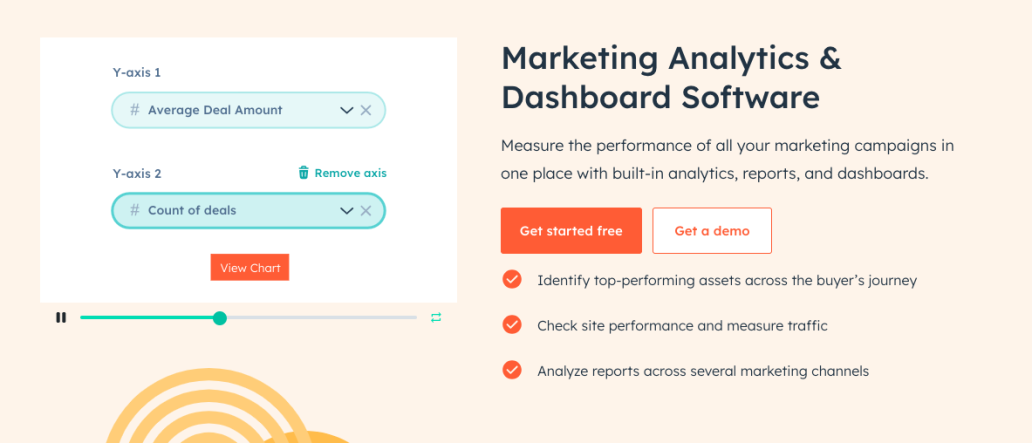Promotional image from HubSpot showing a mockup of chart settings and marketing analytics features, with a call to action to get started or request a demo.