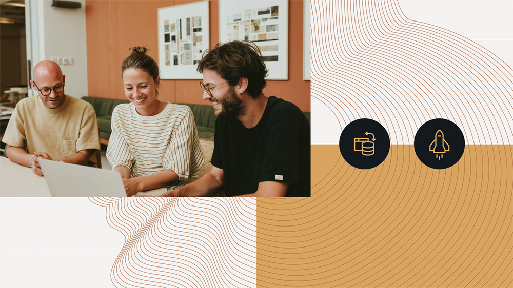 Three people smiling during a team sync, next to a line-art wave and icons for "migration" and "site launch"—capturing the energy of a successful go-live moment.