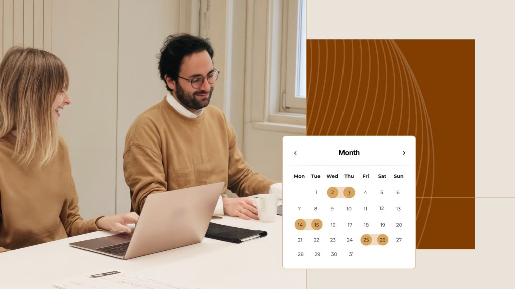 Two colleagues in matching neutral tones share a laugh during an onsite planning meeting, with a calendar UI overlay highlighting key dates—illustrating proactive collaboration.