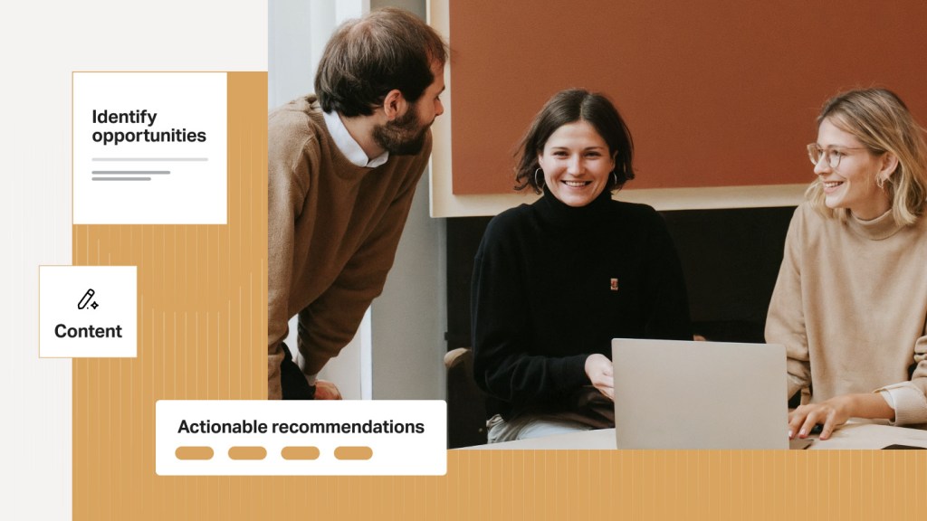 Three colleagues collaborating with enthusiasm, overlaid with content strategy keywords like “Identify opportunities” and “Actionable recommendations”—signifying strategic consulting.