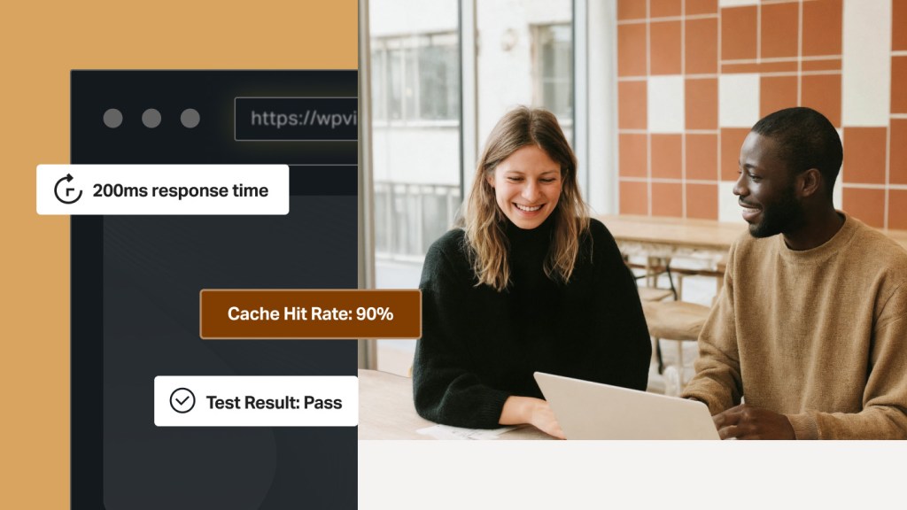 Person smiling while working at a laptop, with performance metrics like “200ms response time” and “Cache Hit Rate: 90%” displayed—emphasizing fast, reliable infrastructure.