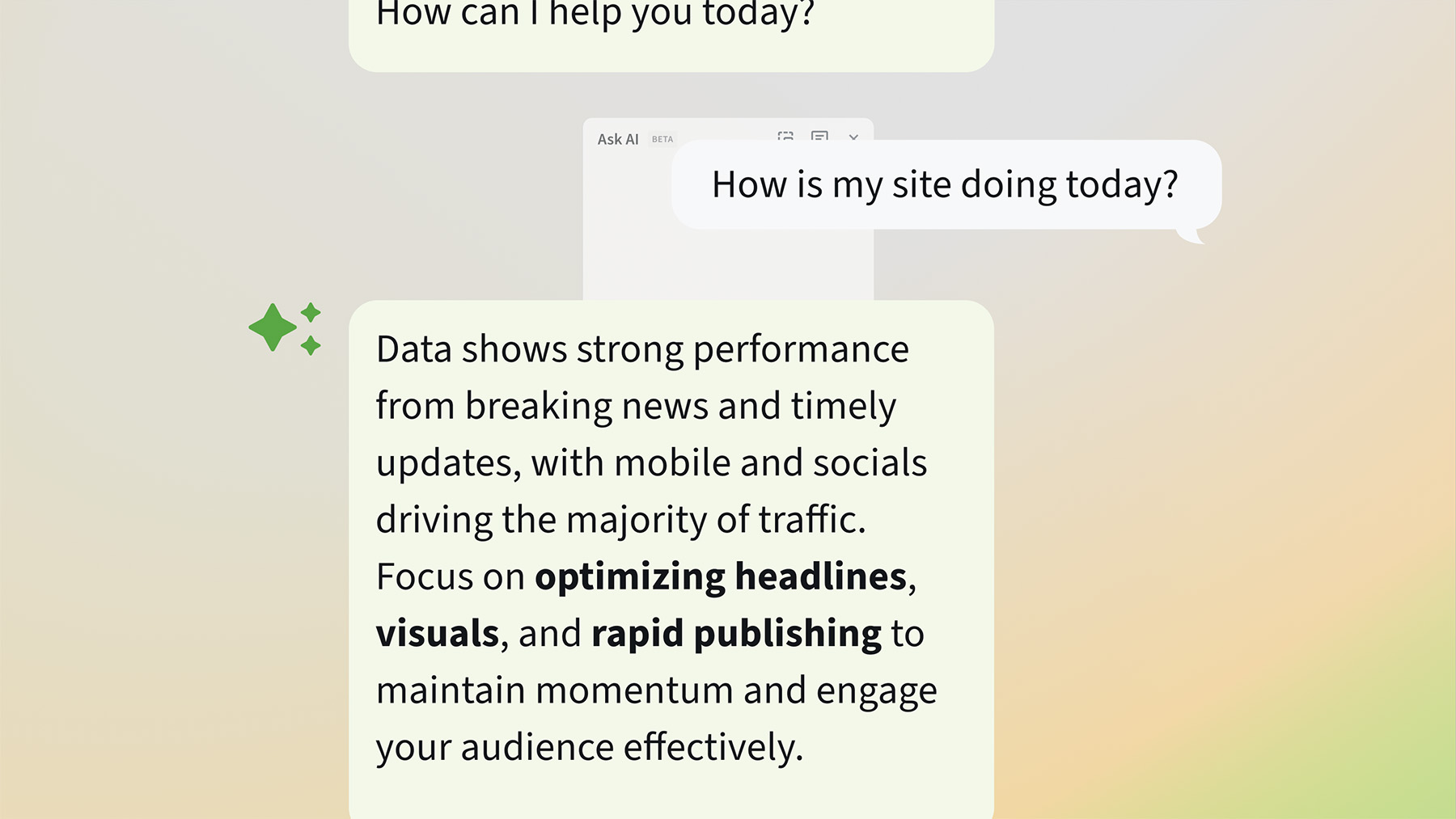 Close-up of the Parse.ly Ask AI assistant interface showing a user query, ‘How is my site doing today?’ and the AI’s response with recommendations to optimize headlines, visuals, and rapid publishing based on strong traffic from breaking news and timely updates.
