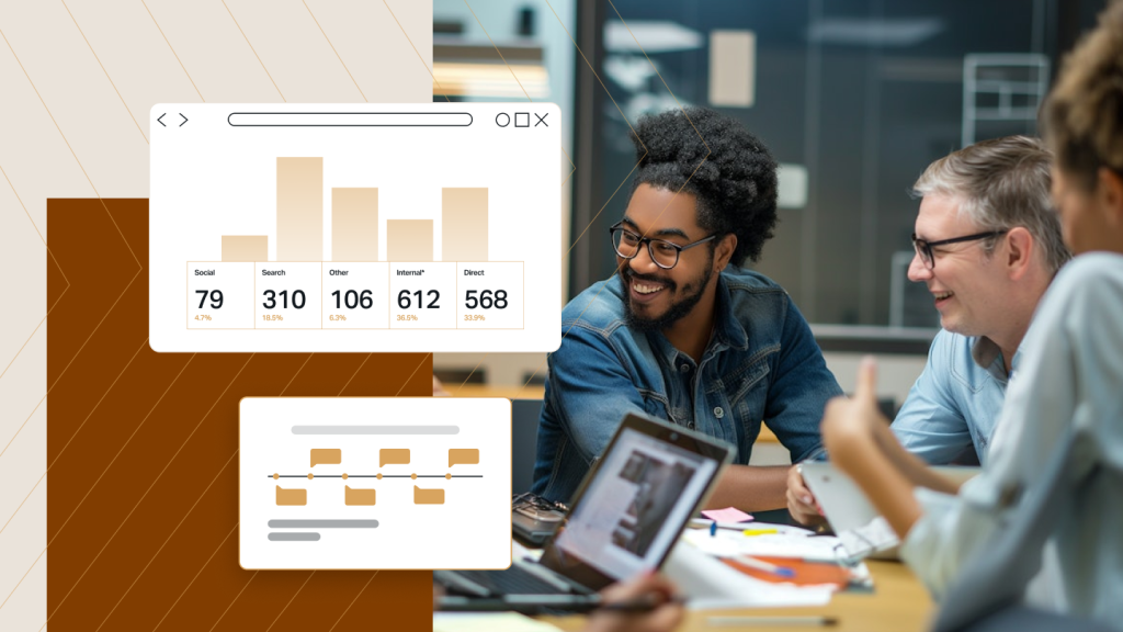Team collaborating at a table with laptops, overlaid with analytics graphics showing traffic sources and flow diagrams.