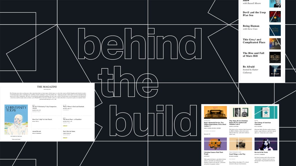 A graphic with the words “behind the build” in large outlined text over a geometric patterned background. On the left and bottom right are screenshots of Christianity Today magazine content and articles, while the top right shows a list of featured podcasts.