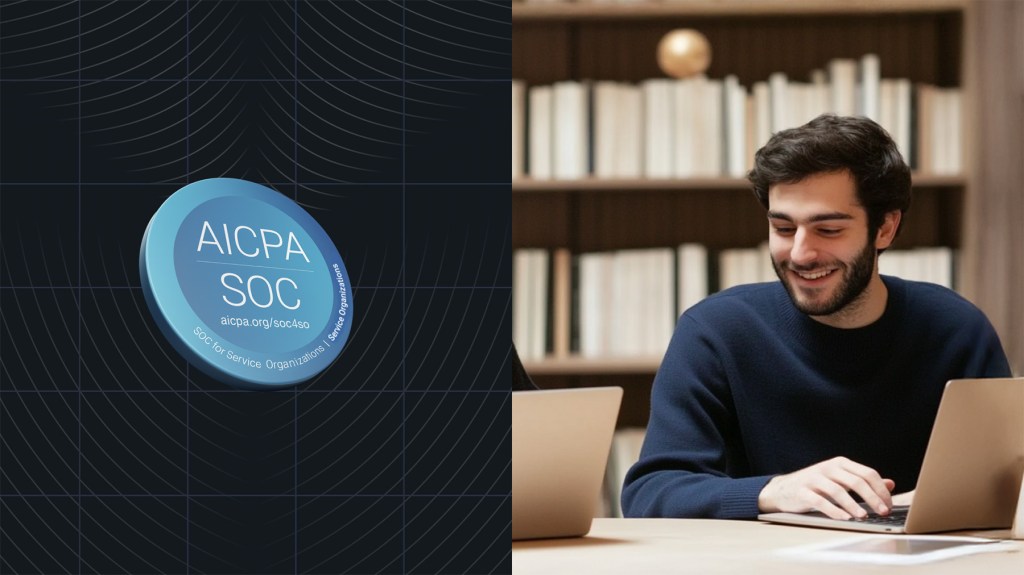 Split-screen image showing a 3D blue AICPA SOC certification badge on the left, placed over a dark grid background with curved lines, symbolizing security and compliance. On the right, a man wearing a navy sweater smiles while working on a laptop in a cozy office with bookshelves behind him, representing trust and professionalism in digital environments.